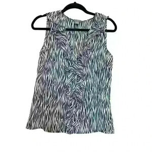 Ann Taylor blouse blue and white patterned silk ruffles sz medium